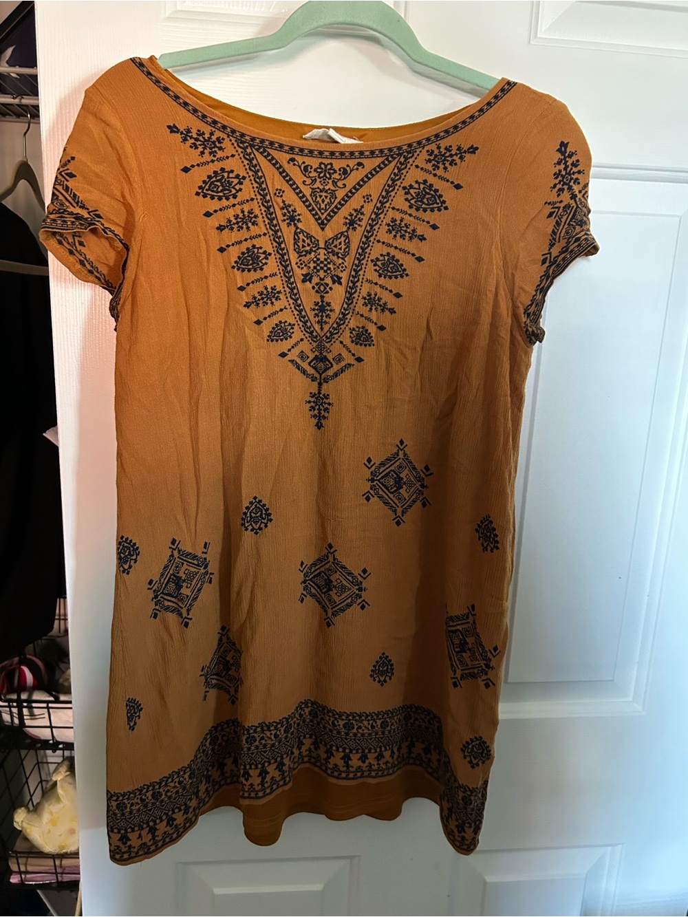 Embroidered Mustard Short Sleeve Tunic - Women